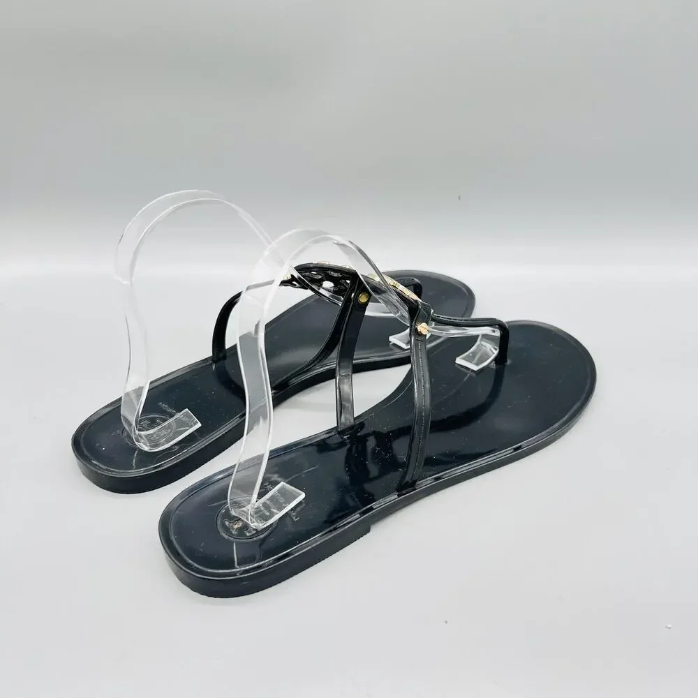 Tory Burch Sandals Womens 11 Black Rubber Jelly Thong Logo Medallion Shoes
